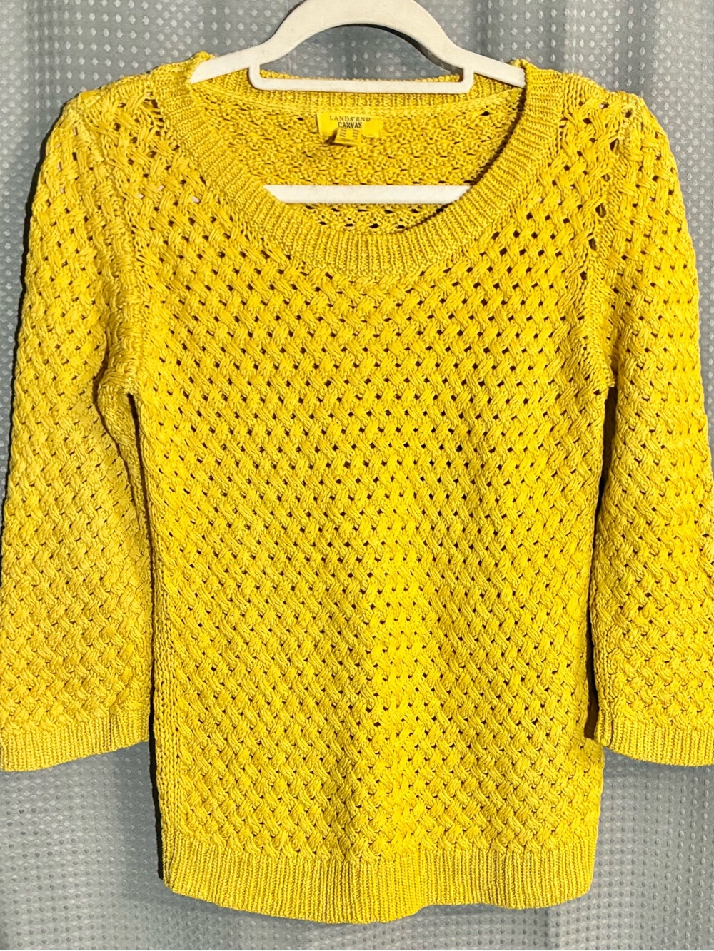 Lands' End Canvas Yellow Sweater Sz XS Openwork 100% Cotton 3/4 Sleeve Trendy